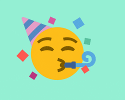 Cartoon gif. The kissy face emoji has a party hat on and confetti strewn around it. It tilts its head sideways while blowing a party blower.