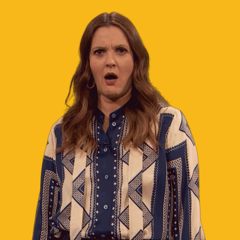 Celebrity gif. Drew Barrymore looks at us with impressed disbelief, leaning back with a furrowed brow and open mouth.