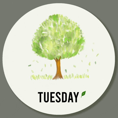 Illustrated gif. Leaves blow from a watercolor style tree. Text reads, "Happy Tuesday," the word "Happy" appearing as the leaves blow.