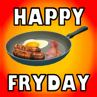 Digital art gif. A skillet with sausage, eggs, and bacon dances along with the pun, “Happy Fryday.” Fryday is spelled F-R-Y-D-A-Y. 
