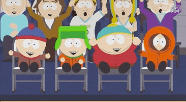 Cartoon gif. Stan, Kyle, Cartman, and Kenny sitting on chairs and cheering.