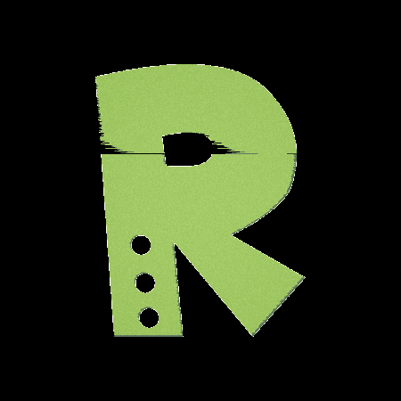 Text gif. A lime green letter R has three holes on the bottom left side. A line that looks like an audio wave line appears to slice through the R. 