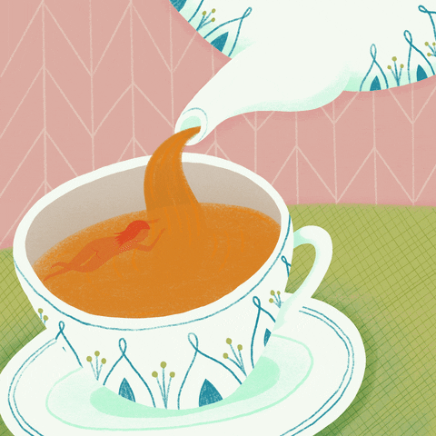 Cartoon gif. Tea pours from a porcelain pot into a matching teacup while a small orange woman swims inside. 