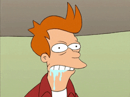 Cartoon gif. Philip Fry on Futurama grits his teeth and squints his eyes as drool drips out of his mouth. He looks like an animal with rabies as he twitches.