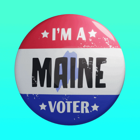 Digital art gif. Round red, white, and blue button featuring the shape of Maine spins over an aqua background. Text, “I’m a Maine voter.”