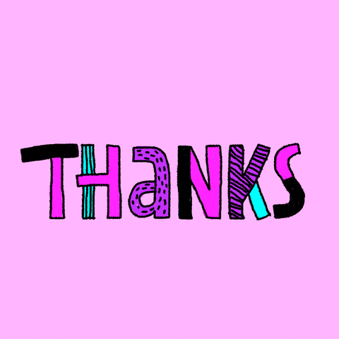 Text gif. The word, "Thanks," has different patterns drawn in each letter in black, pink, and blue.