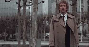 Movie gif. Donald Sutherland as Matthew Bennell in Invasion of the Body Snatchers face changes from serious to shock. His eyes grow large and his mouth drops as he points.