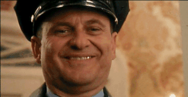 Movie gif. Wearing a police hat, Joe Pesci, as Harry in Home Alone, winks at us and smiles as his gold tooth gleams in the light.