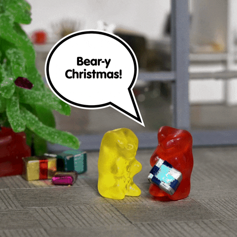 Stop motion gif. Two gummy bears stand in front of a gummy worm Christmas tree exchanging a gift. Text, "Beary Christmas!"