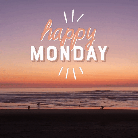 Text gif. The word "happy" in loopy script flashes between pink and white over static, boxy text that reads "moments" against a background video of people strolling in the surf on a beach at sunset.
