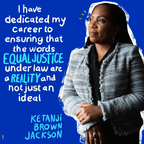 Political gif. Portrait of Ketanji Brown Jackson as she smiles subtly and looks off into the distance on a blue background. Quoted text, "I have dedicated my career to ensuring that the words equal justice are reality and not just an ideal."