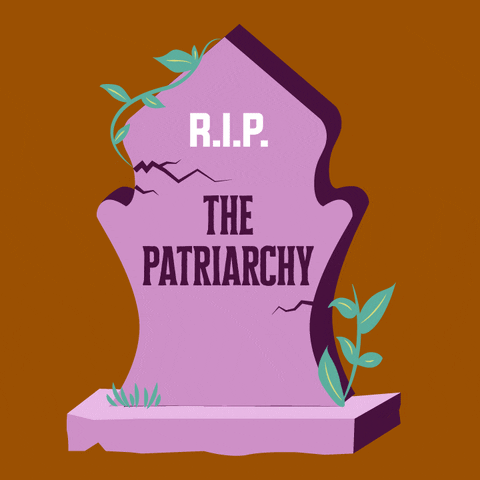 Digital art gif. Twinkling lavender headstone on a deep sienna background. Text, "RIP the patriarchy."