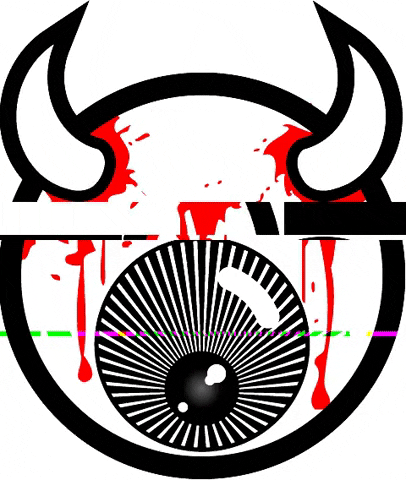Digital art gif. Black and white line drawing of an eyeball with horns surrounded by red smears and drips resembling blood. Glitchy lines flash across the illustration, turning the areas green and purple, as text types out across the center, "Behold the eye."