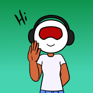 Ad gif. Illustration of white-faced gamer mascot for Hiber smiles and waves hello. Text, "Hi."