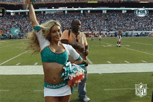Sports gif. Miami Dolphins Cheerleader dances on the sidelines of the football game. She struts back and forth, waving her pom poms and whipping her hair around.