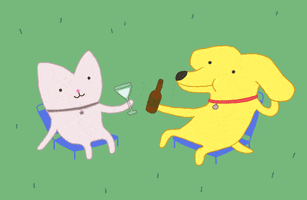 Illustrated gif. White cat and yellow dog lounge in lawn chairs, clinking together a martini glass and a beer bottle. The word "cheers!" appears above the vessels.