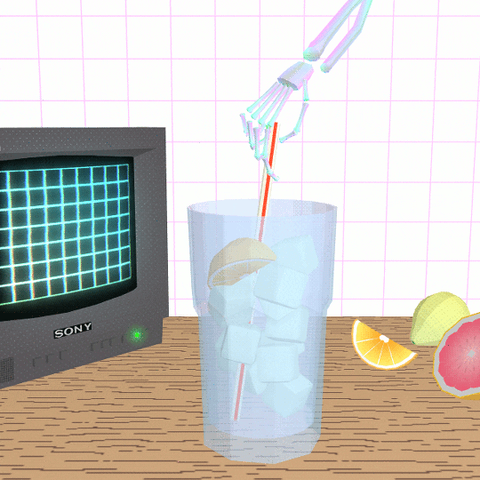 Cartoon gif. A skeletal hand stirs a glass of ice water with lemon in a retro kitchen scene.