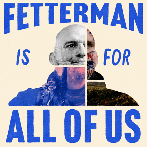 Photo gif. Black and white photo of John Fetterman overlaid with a photo of a crowd of people and a woman making a speech against a beige background. Text, “Fetterman is for all of us.”