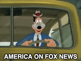 Goofy gif. Goofy the dog sits in a car, smiling peacefully, until his expression begins to change. Goofy's teeth sharpen into pointed fangs and he begins flailing his arms wildly. The car vanishes and is replaced by an intimidating red background as Goofy grows angrier. Text, "America on Fox News."