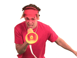 Celebrity gif. Austin Mahone wearing a red-tinted poker visor shouting into a small megaphone. Text, "yeah."