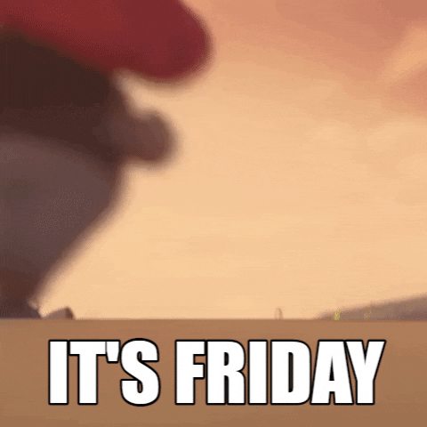 Cartoon gif. Mush-Mush from Mush-Mush and the Mushables runs away from us, jumps into the air, and spins to face us with arms spread for an excited yell before falling out of frame. Text, "It's Friday."