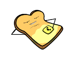 Cartoon gif. A piece of toast with a face and arms sensually rubs a pat of butter all over its body.