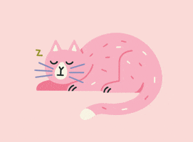 Digital illustration gif. Pink cat sleeps on its belly with its eyes closed and its mouth in a little line. It breathes softly and flicks its tail as Zs emerge from its mouth against a pink background. 