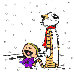 Illustration gif. Comic characters Calvin and Hobbes stand outside as snow falls all around them. Calvin has his head tilted up and his mouth open to catch the snowflakes on his tongue while Hobbes stares up in awe at the beautiful winter weather. 