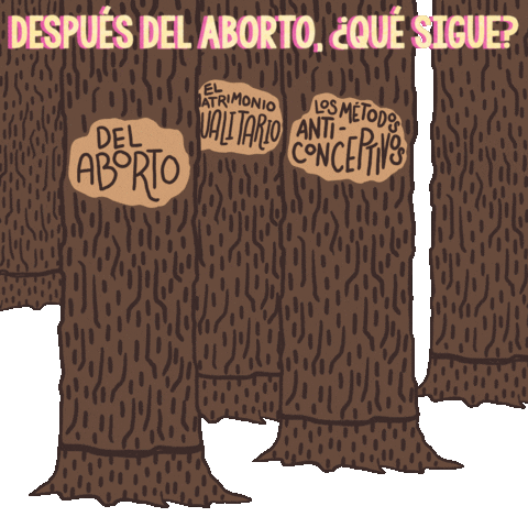 Digital art gif. Beneath the text, “Despues del aborto, que sigue?” five trees tip over and fall, leaving only stumps behind against a white background. Three of the falling trees are labeled, “Del aborto,” “Los metodos anti-conceptivos,” and “Del matrimonio igualitario.”