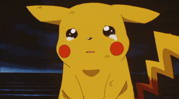 Anime gif. Pikachu looks up, sad and crying big tears, with his ears flopped down slightly.