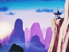 Anime gif. Goku from Dragon Ball Z rises into frame, arms crossed as he looks at us with a smug look on his face. He wears a sword on his back and there are towering mountains in the background.