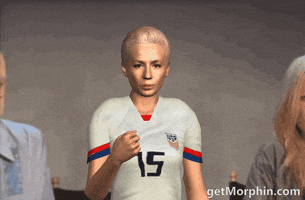 Digital art gif. Megan Rapinoe, dressed in her USA women's soccer team jersey, stares at us with no expression and tosses up gold confetti into the air. 