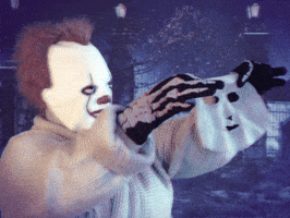 Person adorned in a cheap Pennywise clown mask, black skeleton gloves, and a comfy bathrobe presents a transparent skin care face mask to us before smoothing it onto their face, leaning back and really basking in the feeling. Even murderous clowns need some pampering from time to time. 