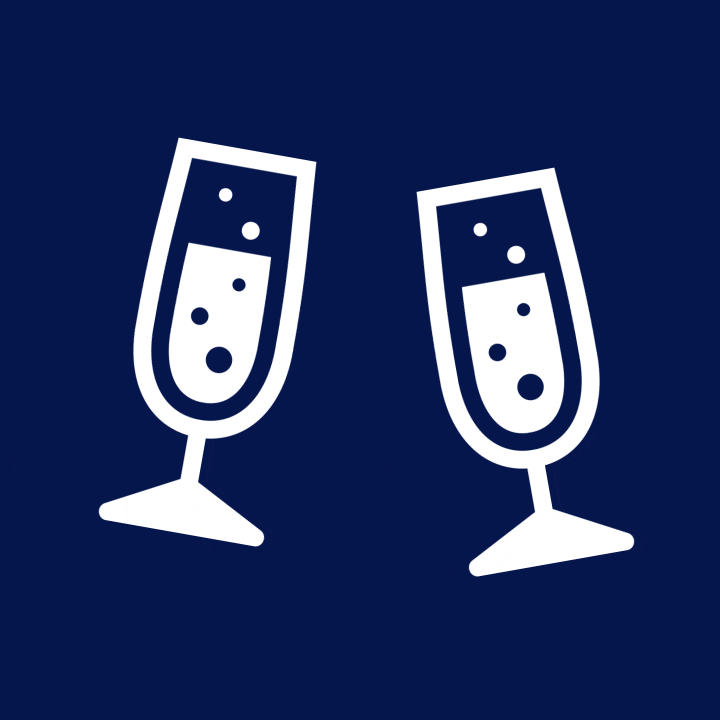 Kreslená pohyblivá animace s bílými skleničkami šampaňského naklánějícími se k sobě k přípitku.
