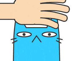 Illustrated gif. Hand pets the top of a blue cat's head, pulling up its face with the pressure.