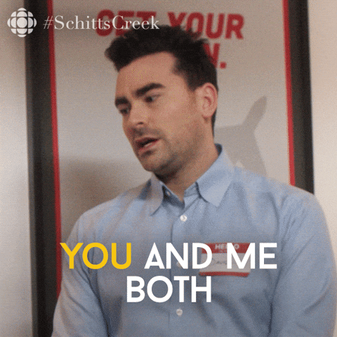 TV gif. David Rose on Schitt’s Creek talks down to someone, saying “You and me both” as he bounces a bit with every word.