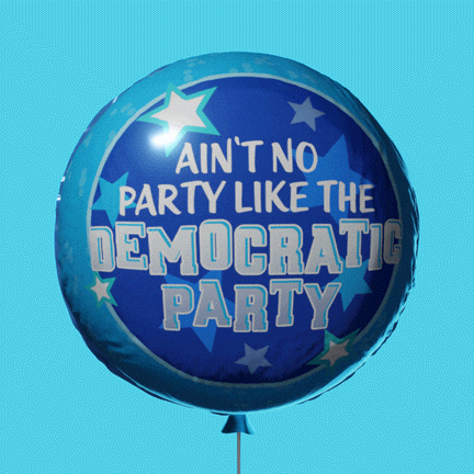 Digital art gif. Animation of a softly bobbing, shiny blue balloon with text on it that reads, "Ain't no party like the Democratic Party," accompanied by blue and white stars, all against a light blue background.