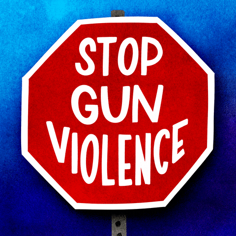 Digital art gif. Cartoon red stop sign with the words "Stop gun violence," blinking in white capital letters inside, against an ombre blue background.