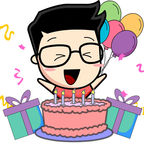 Kreslená pohyblivá animace s chlapcem v brýlích před narozeninovým dortem s dárky a balónky.