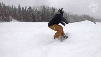 Sports gif. We follow a snowboarder down a mountain as he cuts back and forth through the snow.