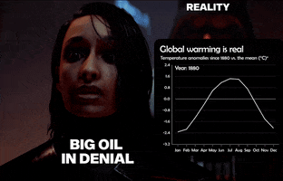 Photo gif. Worried woman labeled “Big oil in denial” next to a series of line graphs that show temperatures rising dramatically labeled “Reality.”