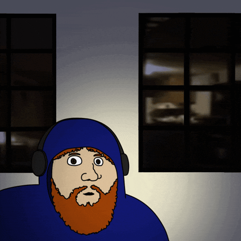 Digital art gif. In a dim room, a bearded man wears headphones on top of his blue hoodie. He comes closer to us with wide eyes, and his mouth hangs open in shock. 