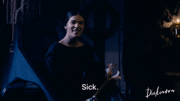 TV gif. Hailee Steinfeld as Emily Dickinson in Dickinson sits in a dark room and scrunches up her nose as she says, "Sick!"