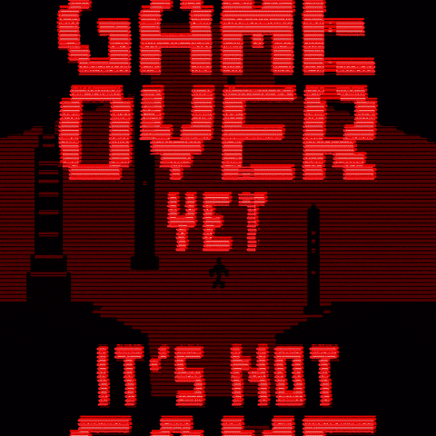 Text gif. Message glitches atop an 8-bit animation of different types of missiles. Text, "It's not game over yet, we can K-O nukes."
