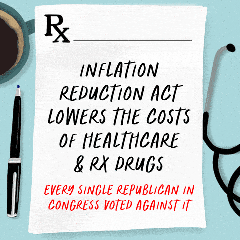 Rx script with text that says "Inflation Reduction Act lowers costs of healthcare & RX drugs"