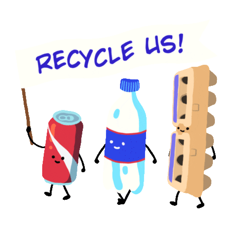 Digital art gif. Cartoon illustration of a soda can, a plastic water bottle, and an egg cartoon, all with arms, legs, and smiling faces. The soda can holds aloft a waving sign that reads, "Recycle us!"