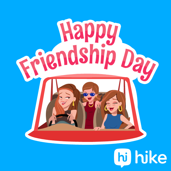 Cartoon gif. Three women in a red car happily bop to unheard music as they trace. Text, "Happy friendship day."