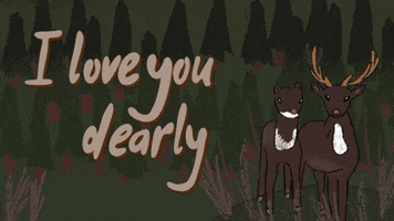 Illustrated gif. In a forested area, a buck stands next to a doe and kisses her on the cheek. Text, "I love you dearly."