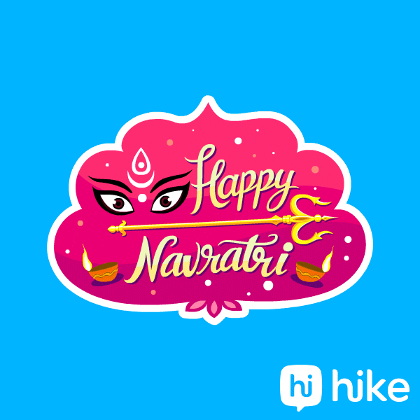 Digital art gif. A pink Indian cloud filled with candles, eyes, bindis, and sparkles has the text, "Happy Navratri!" as a golden trident flys through. 