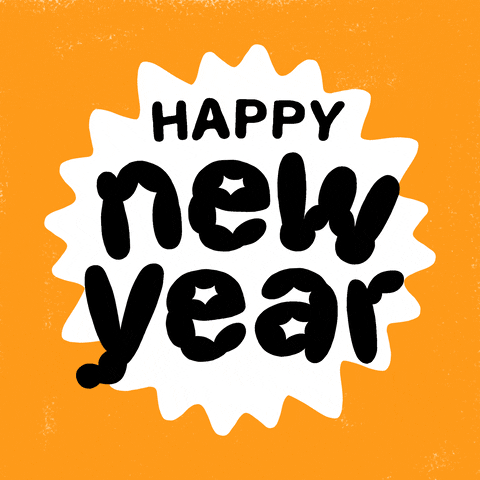 Text gif. Colorful, bubbly text with scalloped edges says "Happy new year."